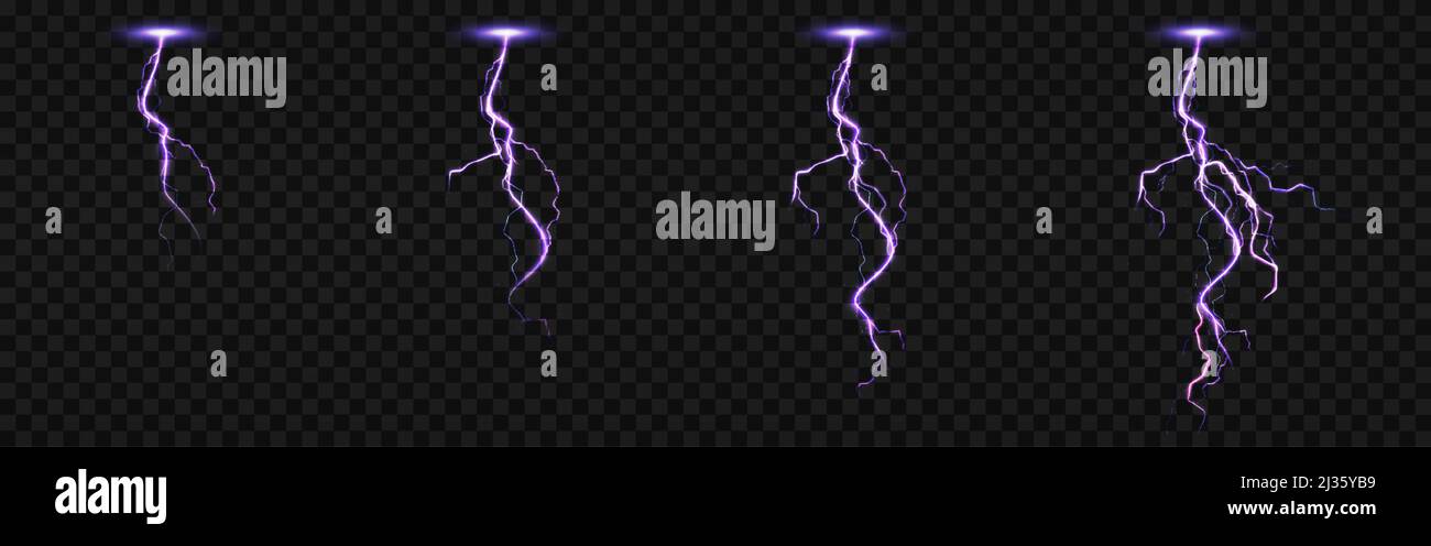 Sprite sheet with lightnings, thunderbolt strikes set for fx animation. Vector realistic set of purple electric impact at night, sparking discharge of Stock Vector