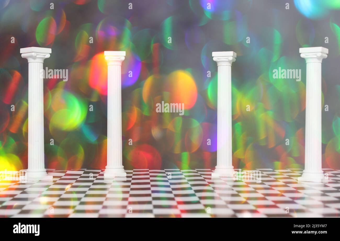 Roman Columns on Black and White Checkerboard Floor With Bokeh Stock ...