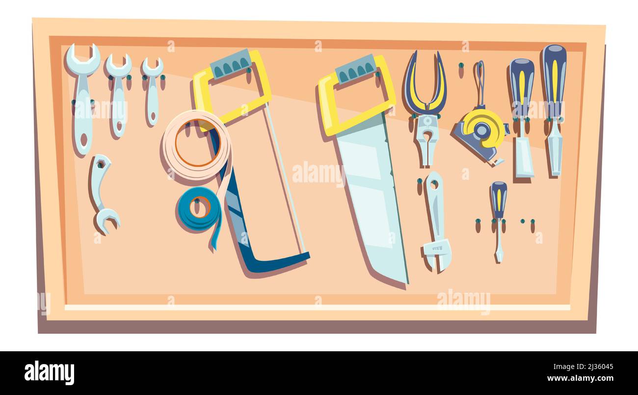 Set of tools for a carpenter, a stand with a set for woodworking fixed on it cartoon vector illustration Stock Vector