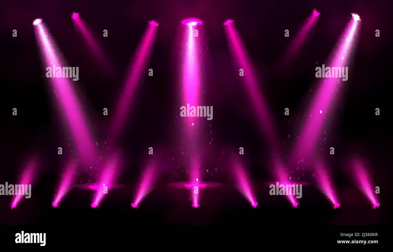 Stage lights, pink spotlight beams with sparkles on black background