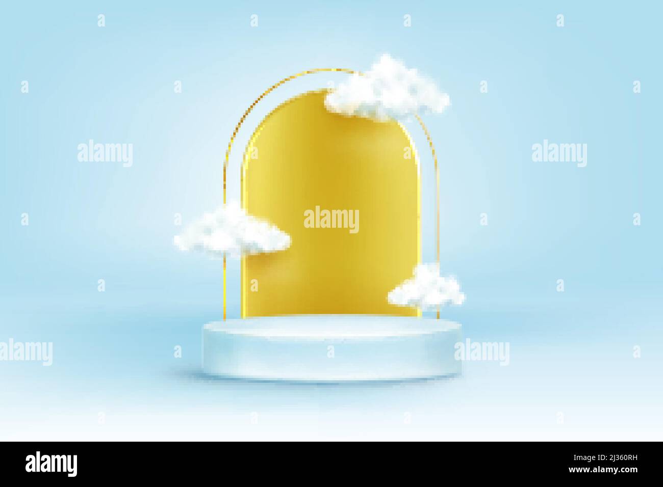 Round podium with golden arch and white clouds on blue background ...
