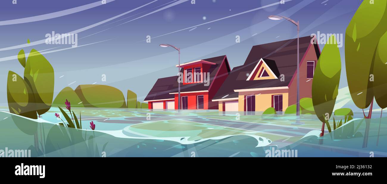 Flood in town, natural disaster with rain and storm at countryside area with flooded buildings. River Flood in town, natural disaster with rain and storm at countryside area with flooded buildings. River