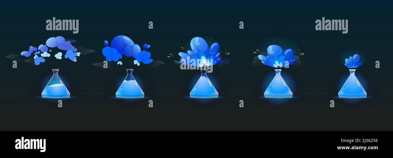 Stages of chemical reaction in lab flask, backwards animation sprite sheet. Scientific laboratory experiment with blue fluid explosion, reagent in beaker and smoke clouds, Cartoon vector illustration Stock Vector