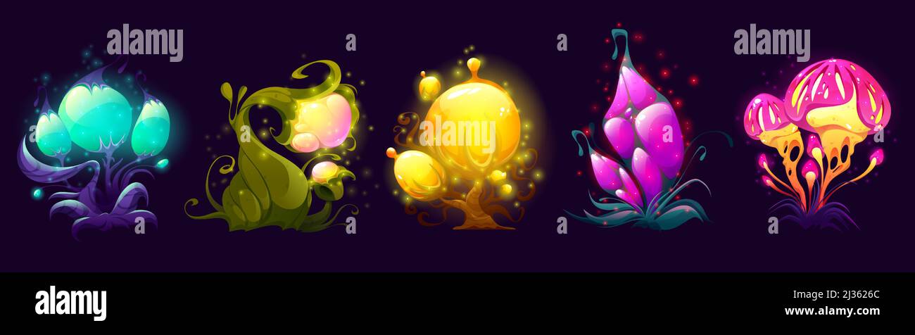 Fantasy flowers, trees, and mushrooms, alien or fantastic world plants. Bizarre blossoms with sparkles, odd outgrowths, glow petals and leaves. Unusual mystic fungi, Cartoon vector illustration, set Stock Vector