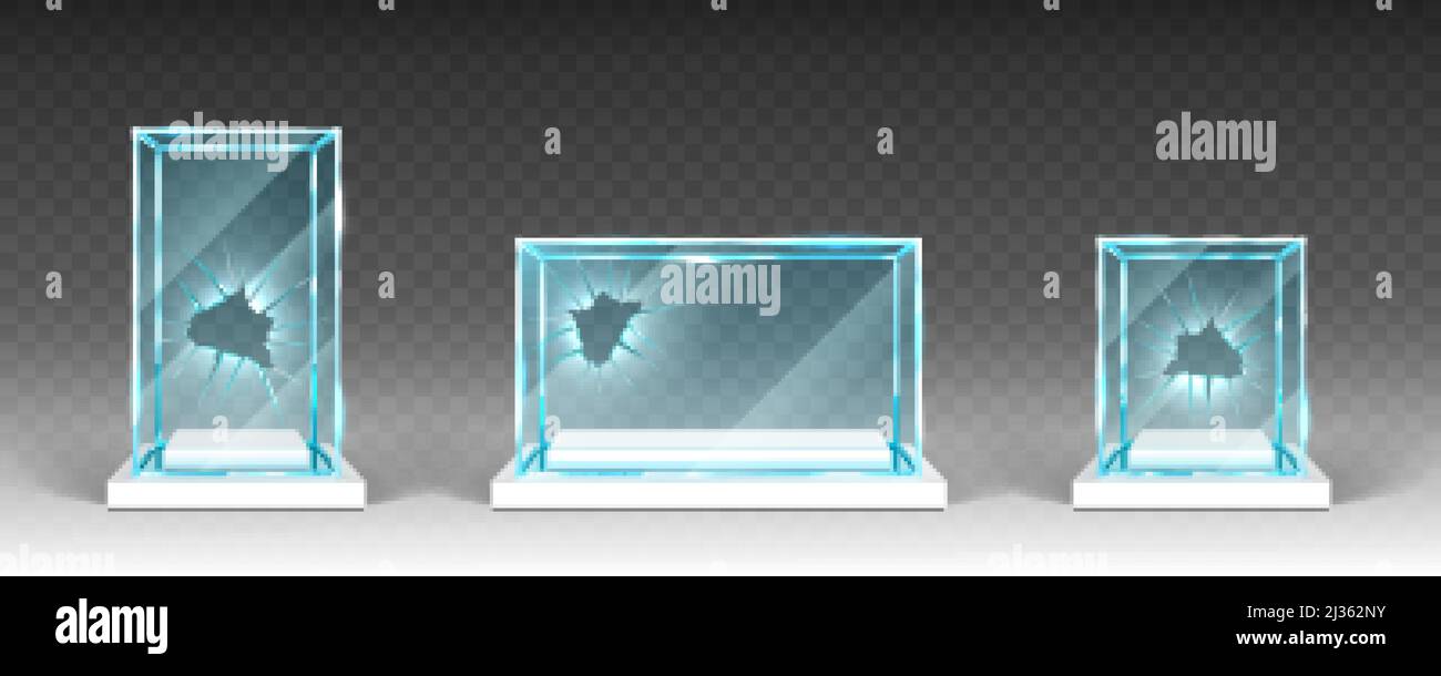 Broken glass showcases, displays, exhibit stands, transparent boxes