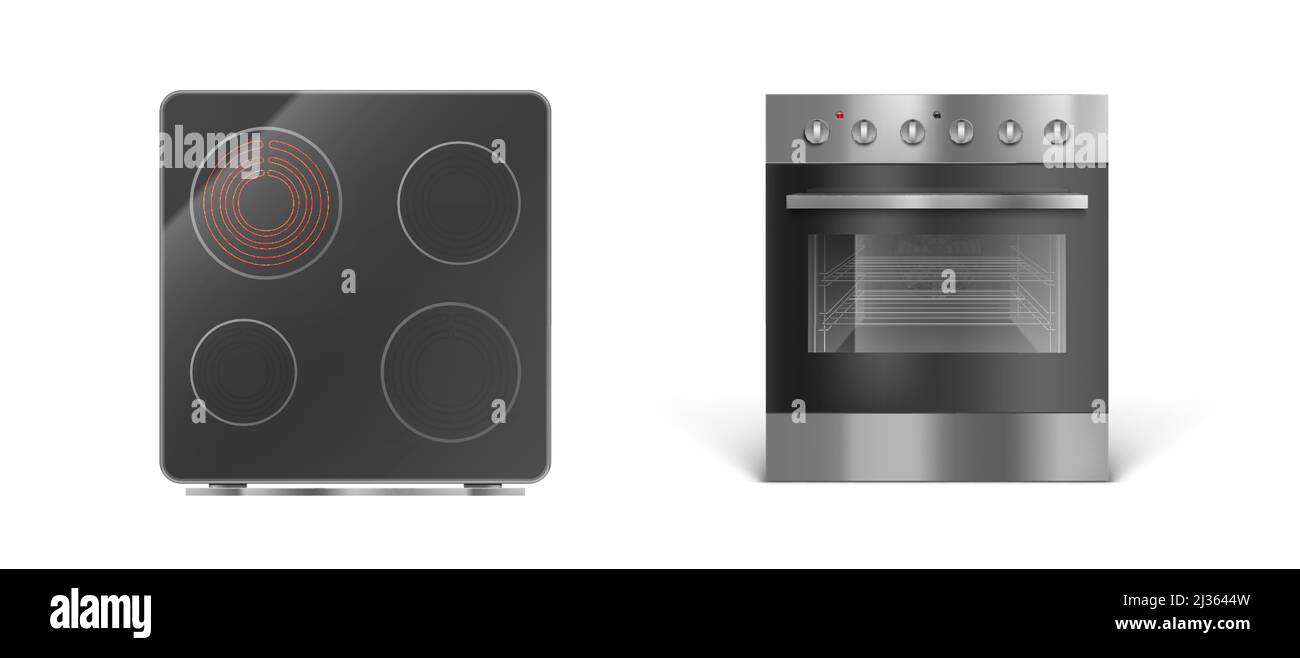 https://c8.alamy.com/comp/2J3644W/induction-cooking-panel-with-oven-electric-stove-front-and-top-view-vector-realistic-set-of-kitchen-cooker-with-transparent-glass-oven-door-black-c-2J3644W.jpg