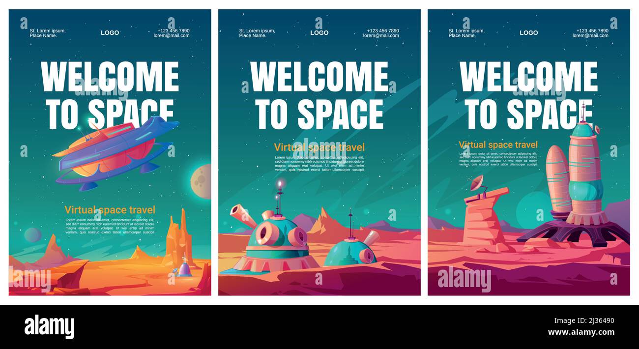 Virtual space travel flyers. VR technologies, augmented reality with