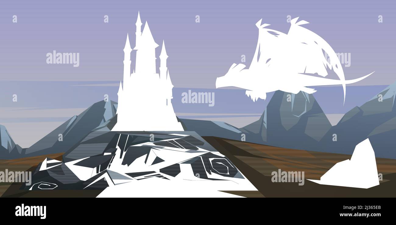 Fairy tale castle and flying dragon with red wings in wasteland ...