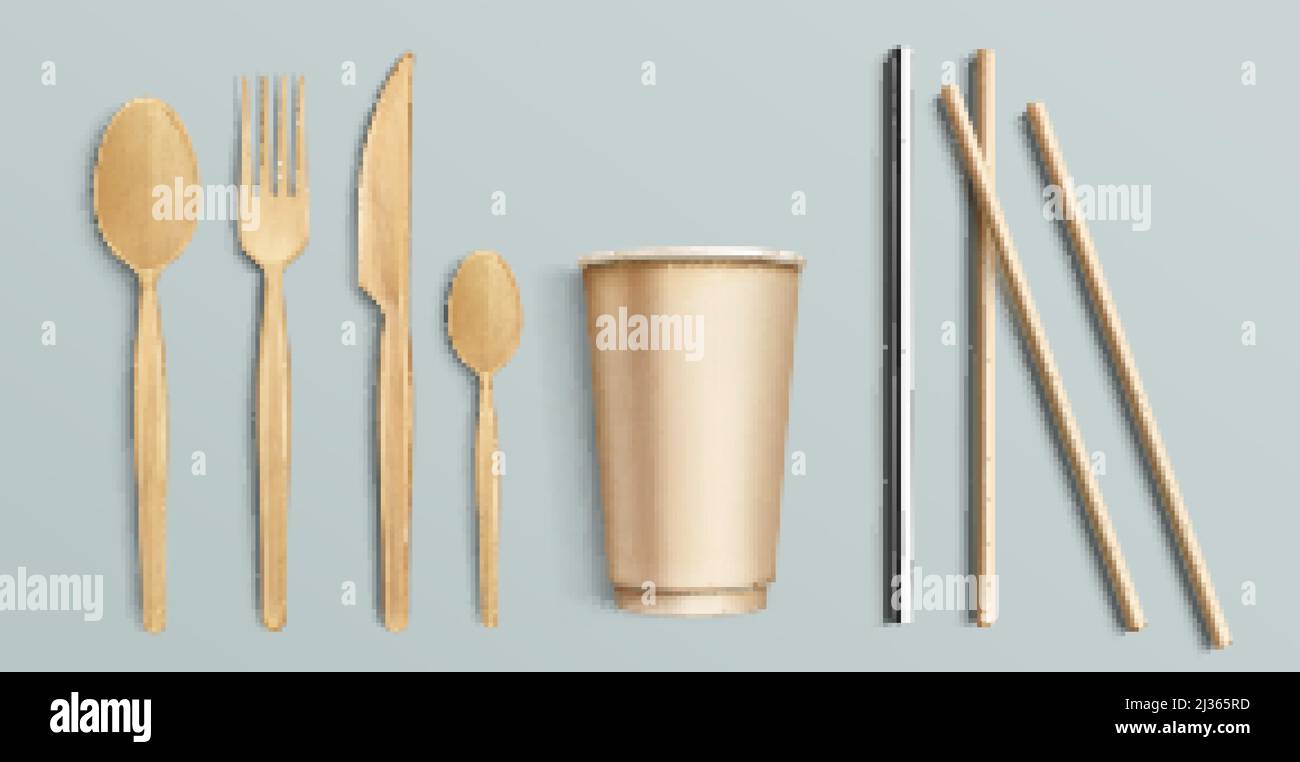 Wooden cutlery, paper cup and metal straw. Reusable and disposable