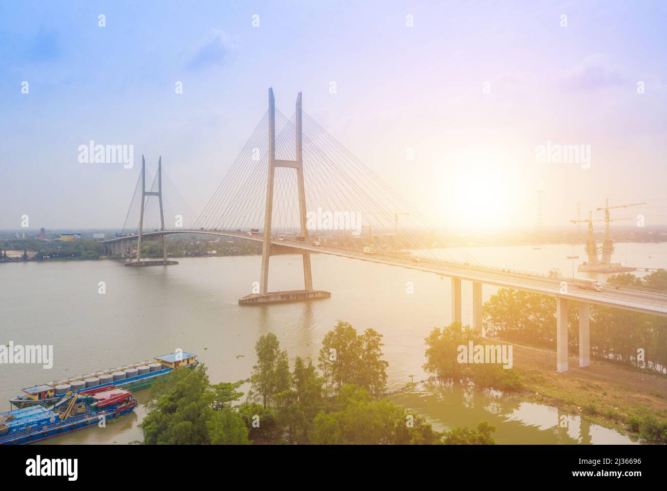 Aerial view of My Thuan bridge, cable-stayed bridge connecting the provinces of Tien Giang and Vinh Long, Vietnam. Famous beautiful bridge of Mekong D Stock Photo