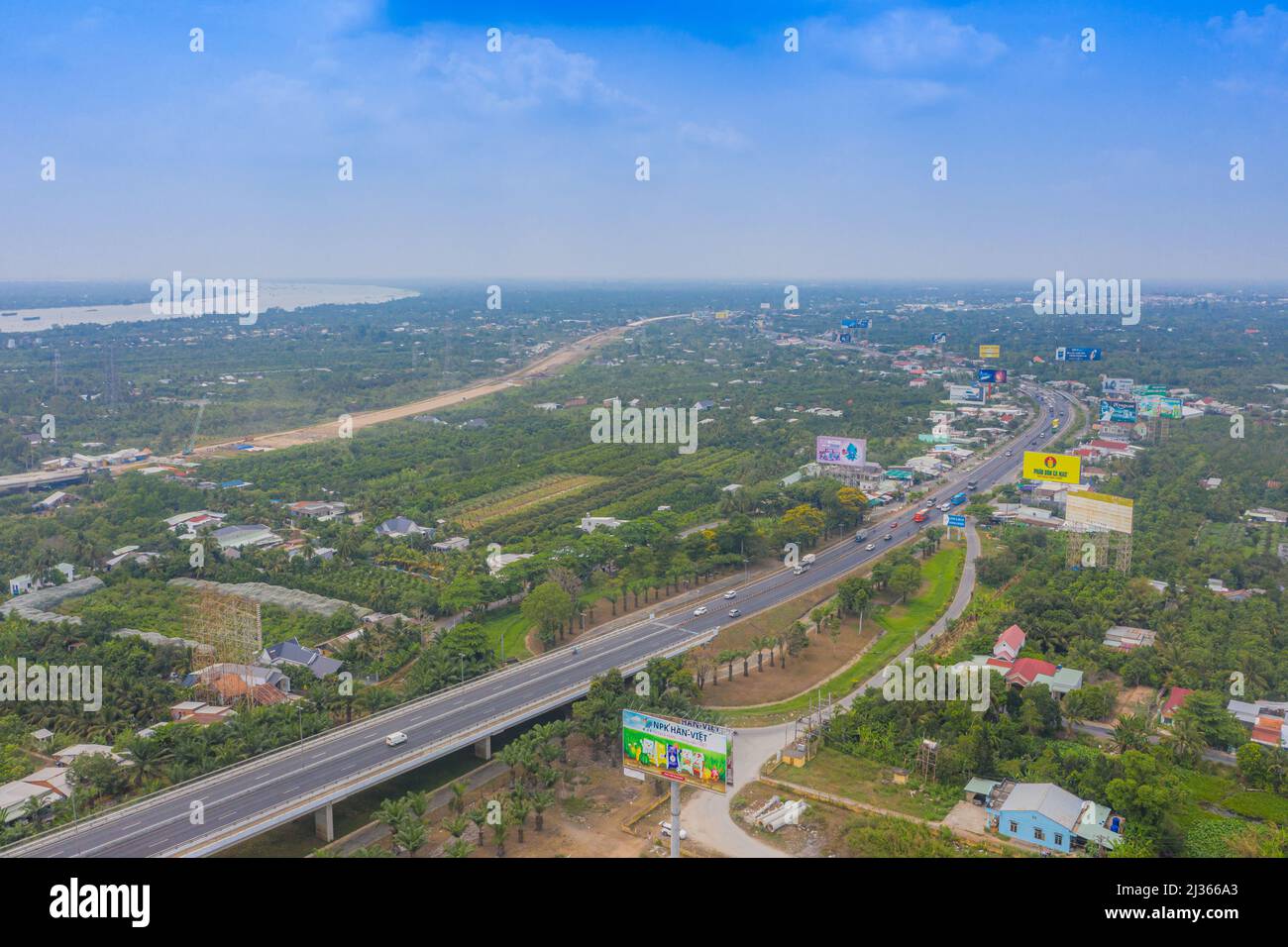 Aerial view of My Thuan bridge, cable-stayed bridge connecting the provinces of Tien Giang and Vinh Long, Vietnam. Famous beautiful bridge of Mekong D Stock Photo