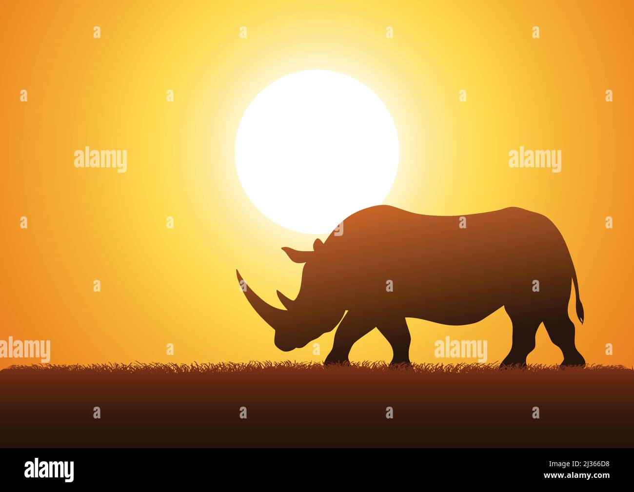 Silhouette illustration of a rhinoceros against sunset background Stock Vector