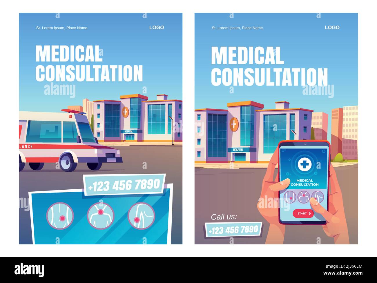 Online medical consultation app cartoon posters. Hands hold smartphone with application interface on hospital building background with ambulance on ci Stock Vector