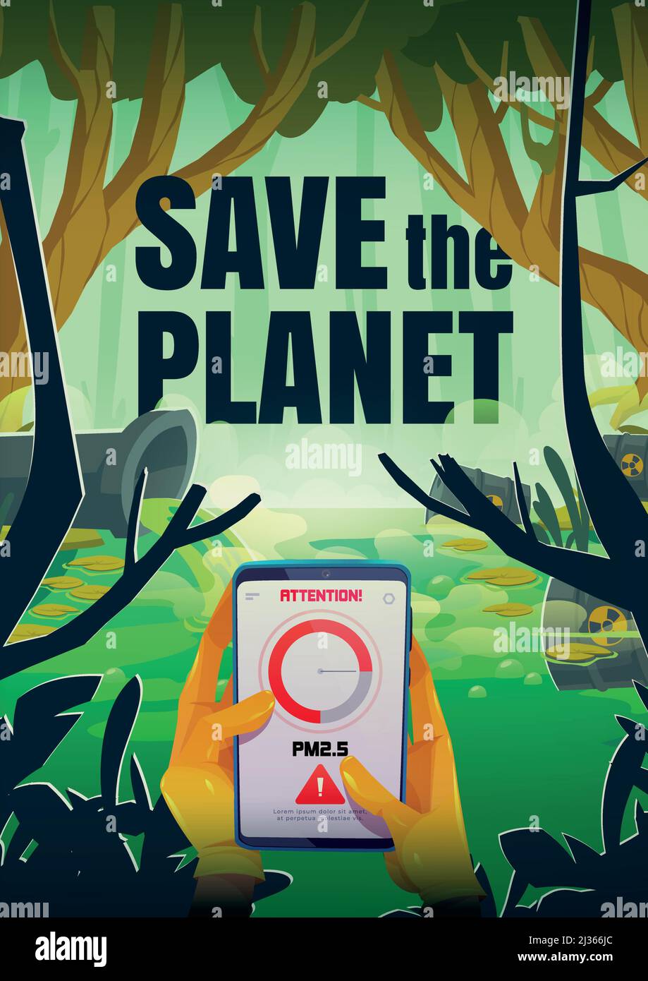 Save the planet cartoon poster with smartphone in hands, app show attention sign near polluted pond and pipe emitting water with toxic liquid. Environ Stock Vector