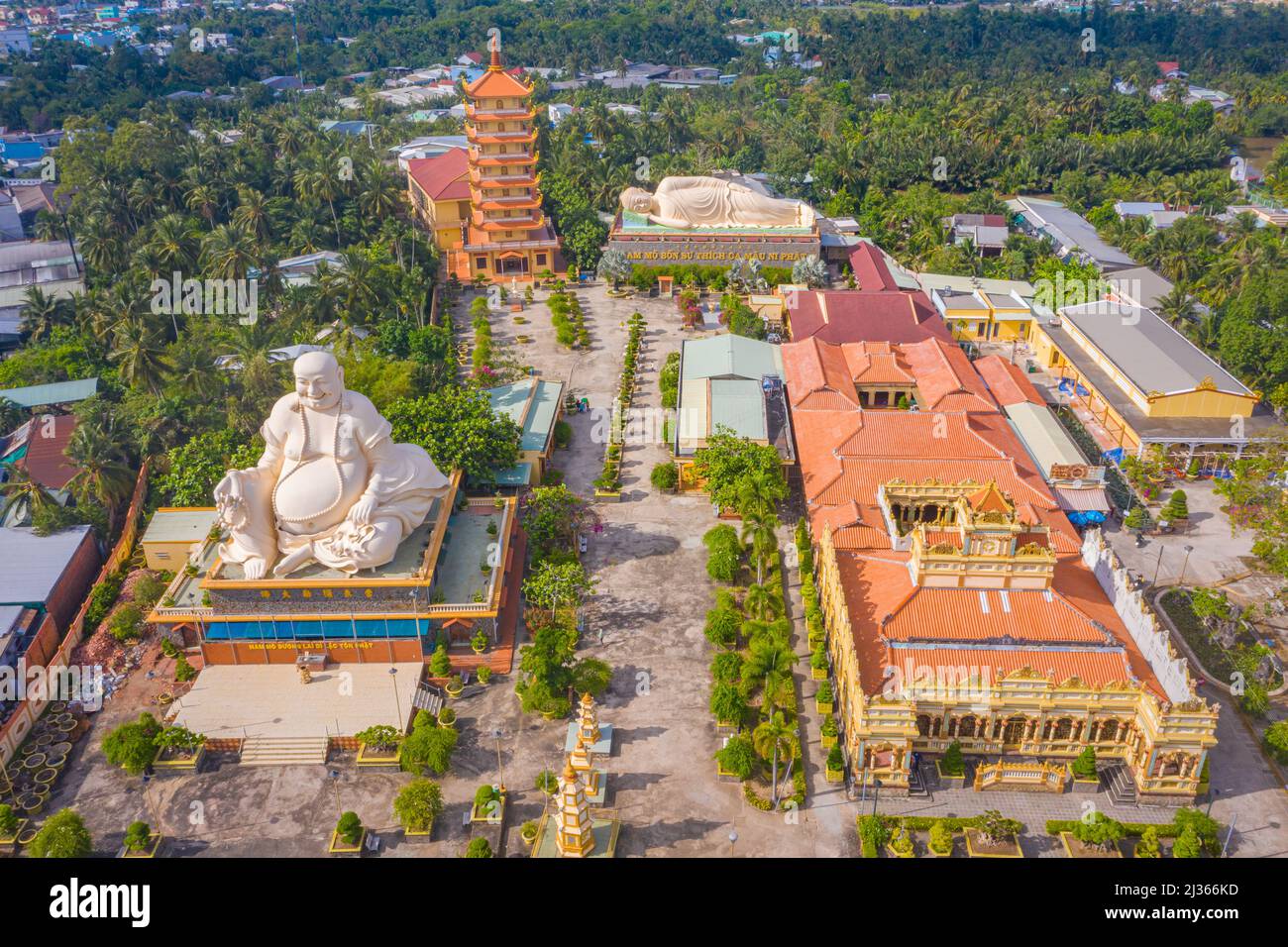 Tien Giang province, Vietnam - 13 Mar 2022: Aerial view of Vinh Trang pagoda. A historical - cultural monument that attracts visitors in My Tho, Tien Stock Photo