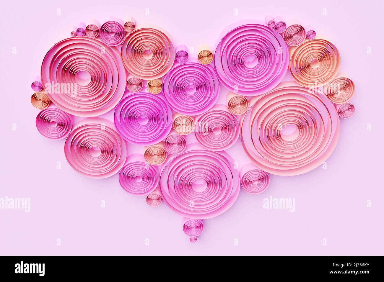 3D illustration of a volumetric multicolored heart made of circle on a ...
