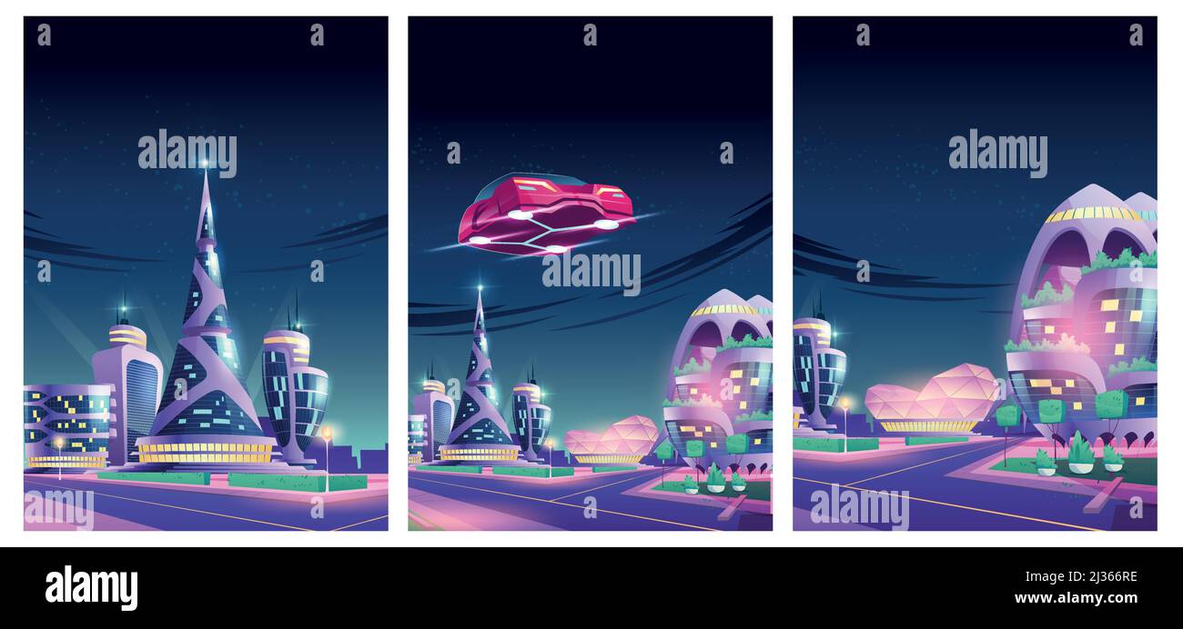 Future night city with flying car and futuristic neon glowing glass buildings Alien urban architecture skyscrapers of unusual shapes, green plants, ae Stock Vector