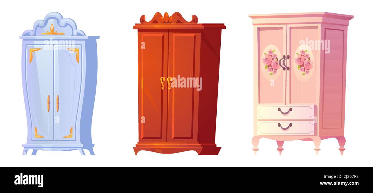 Cartoon cupboards baroque, shabby chic or classic style. Luxury interior cabinets vintage stuff, old fashioned furniture, wooden wardrobe isolated on Stock Vector