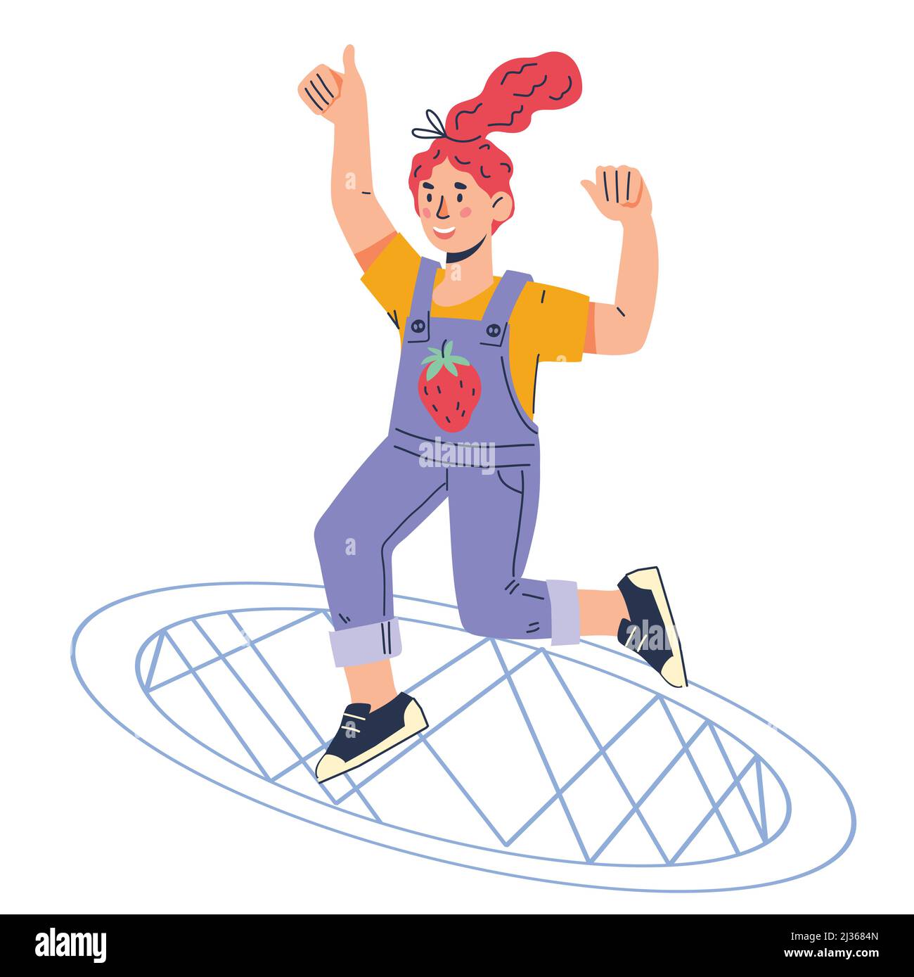 Cute cartoon child girl jumping on trampoline, flat vector illustration