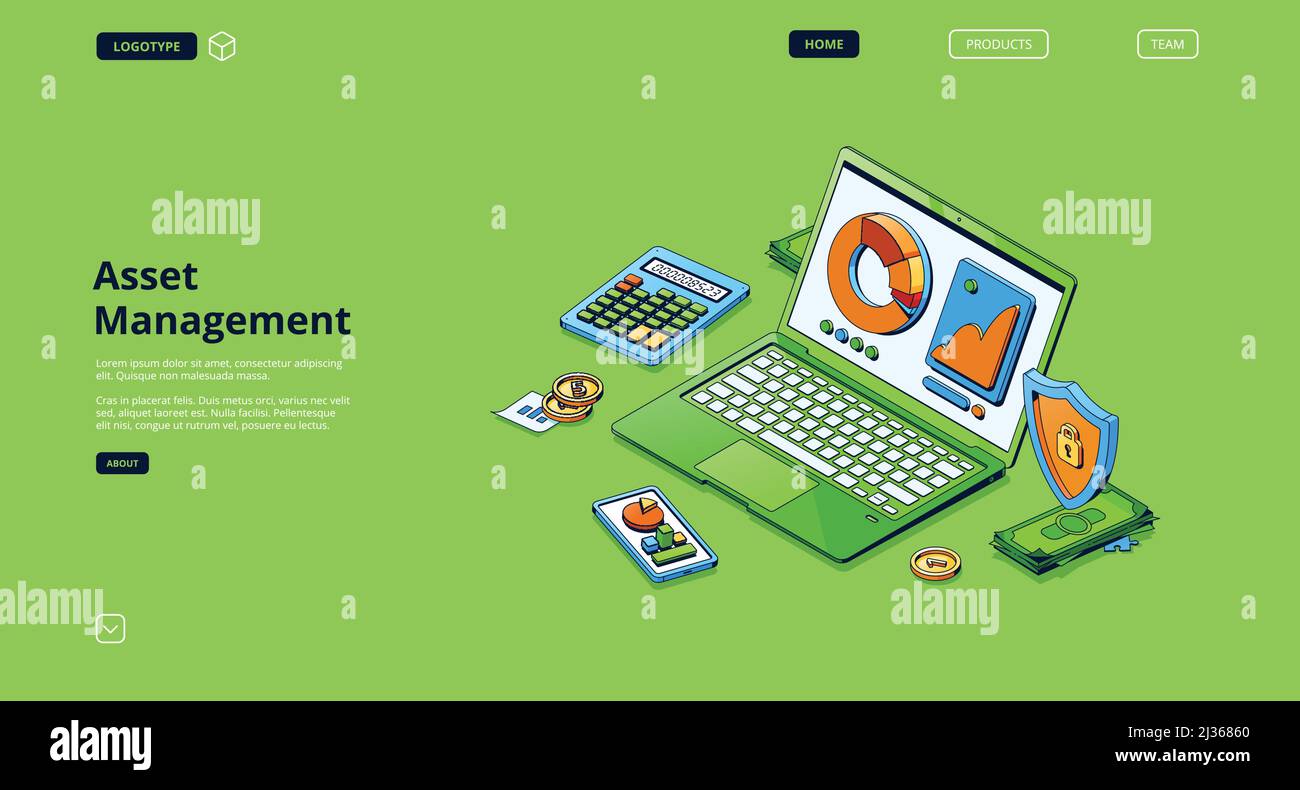 Asset management isometric landing page. Financial analytics concept
