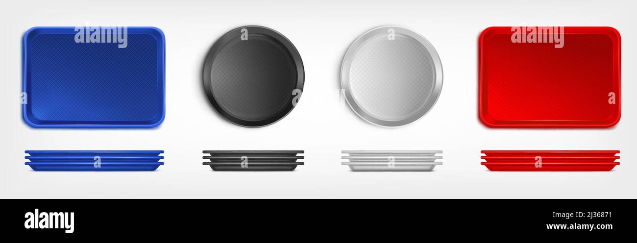 Empty food trays for pizza and lunch in restaurant or canteen. Vector realistic mockup of blank circle and rectangle plastic and metal salvers front a Stock Vector