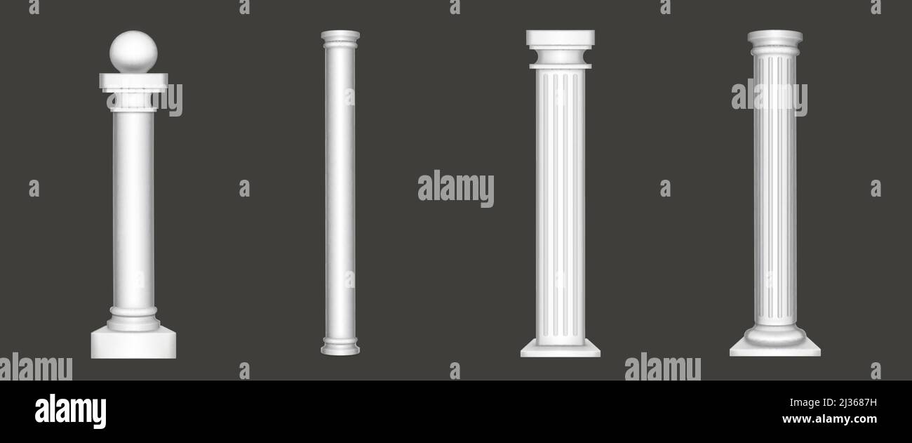 Antique pillars isolated on white background. Ancient classic stone columns of roman or greece architecture with twisted and groove ornament for inter Stock Vector