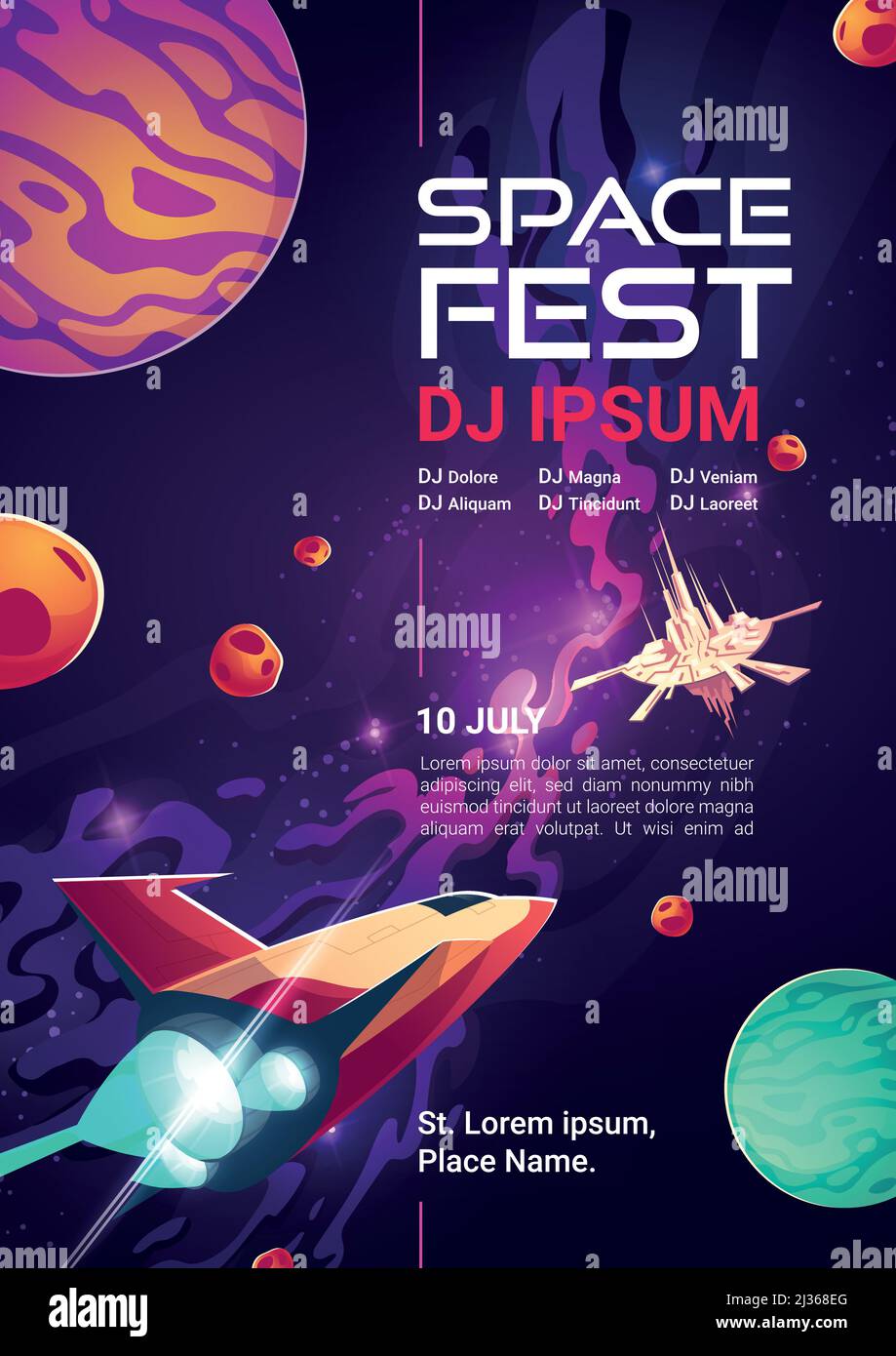 Space fest cartoon web banner, invitation to music show or concert with
