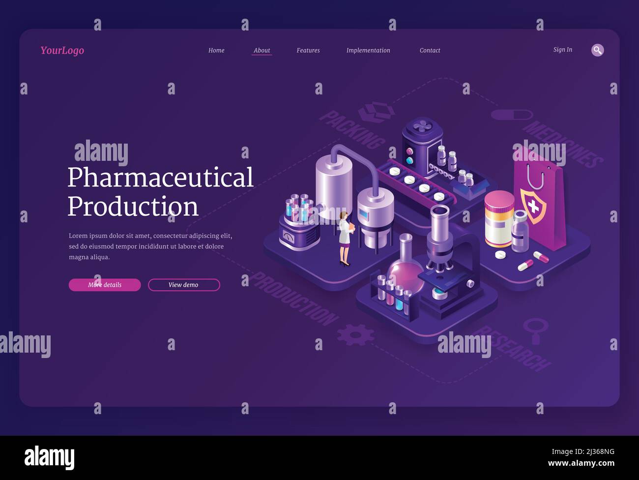 Pharmaceutical production isometric landing page, woman scientist in robe stand in medical laboratory near conveyor belt with huge flasks, drugs, micr Stock Vector