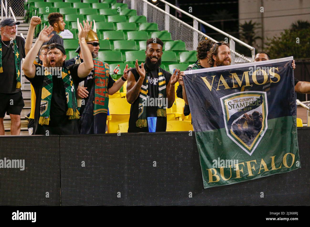 St. Petersburg, FL USA: The Villages SC fans, the Tri-County Stampede, cheer for their team during Round 2 of the USL 2022 U.S. Open Cup against the T Stock Photo