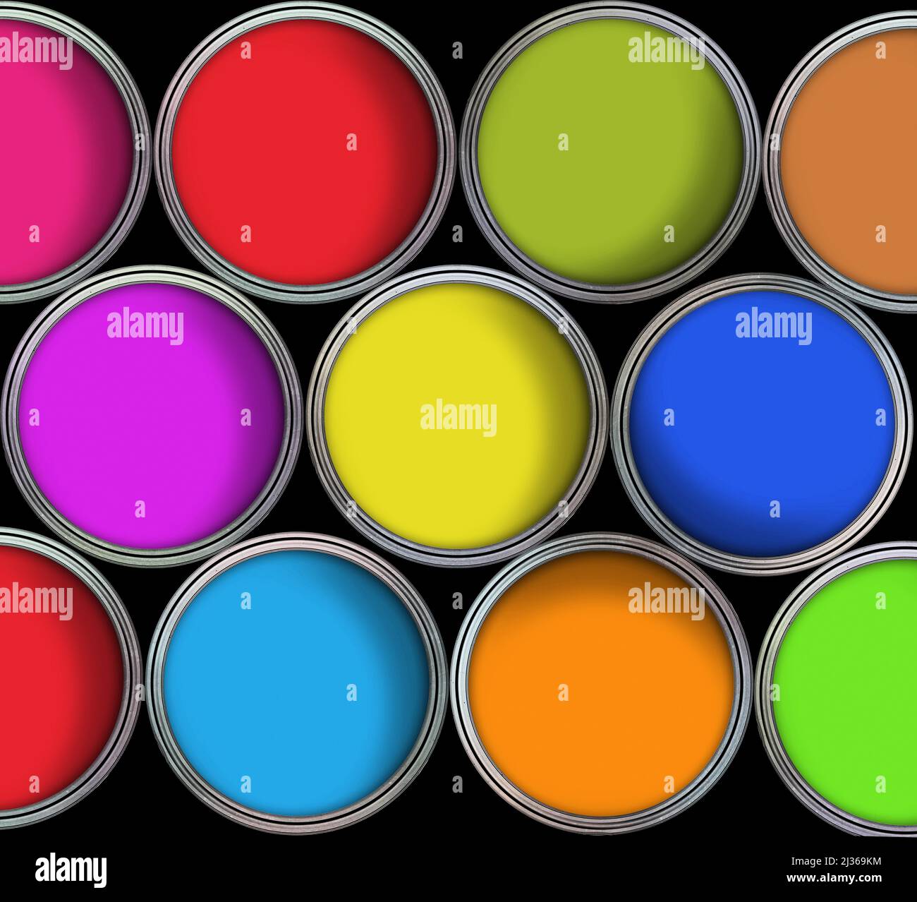 Paint cans color palette, cans opened top view Stock Photo Alamy