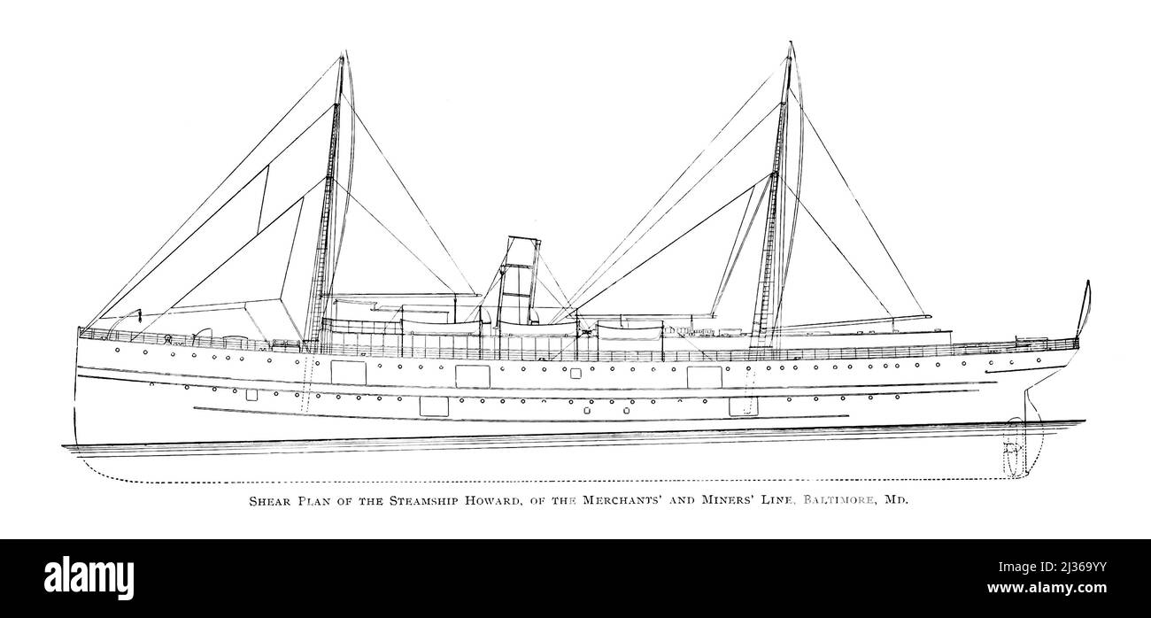 Shear Plan of the Steamship Howard of the Merchants’ & Miners’ Line. Baltimore, MD from the book ' Steam vessels and marine engines ' by G. Foster Howell, Publisher New York : American Shipbuilder 1896 Stock Photo
