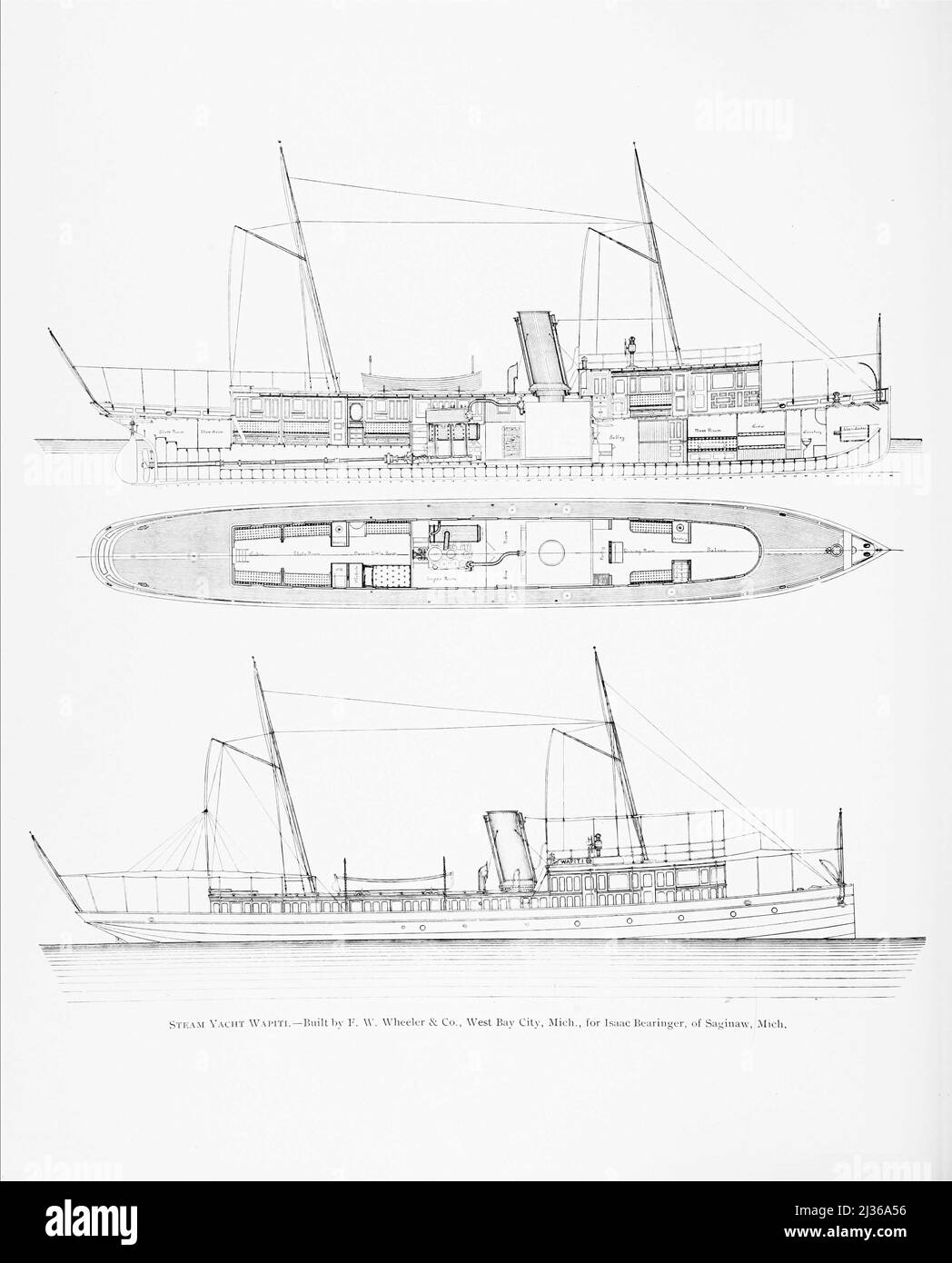 Steam Yacht Wapiti Built by E. W. Wheeler & Co., West Bay City, Mich., for Isaac Bearinger, of Saginaw, Michigan from the book ' Steam vessels & marine engines ' by G. Foster Howell, Publisher New York : American Shipbuilder 1896 Stock Photo