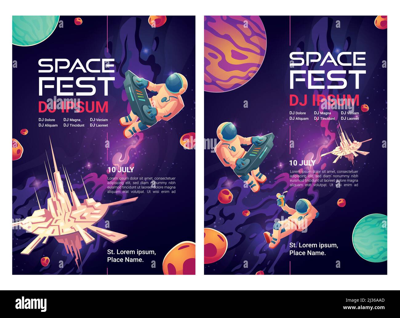 Space fest cartoon flyers, invitation to party, techno music festival.  Posters with astronaut dj mix sound samples on turntable in deep galaxy,  spacem Stock Vector Image & Art - Alamy