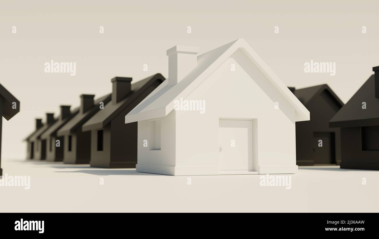 A white cottage style cookie cutter home among black ones. Real estate housing concept. 3D rendering illustration. Stock Photo
