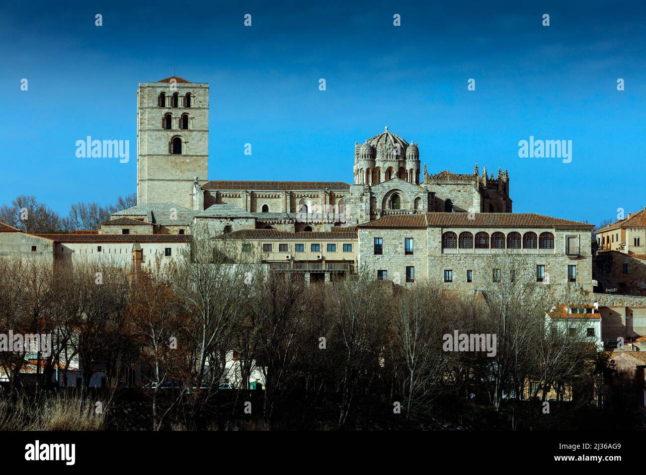 Zamora Cathedral is a Romanesque church built above the river bank of the Duero. It is surrounded by the city walls. Spain. Stock Photo