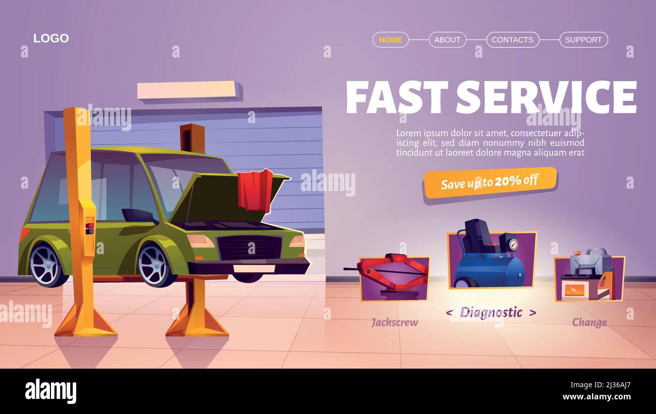 Fast car service banner. Auto maintenance, diagnostic and repair center. Vector landing page with cartoon interior of mechanic garage, vehicle worksho Stock Vector
