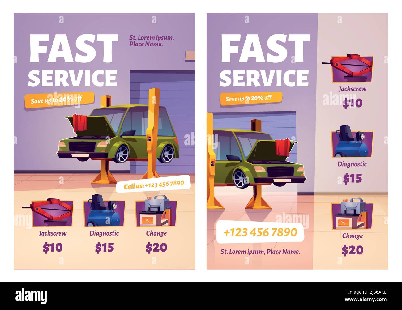 Car repair fast service cartoon ad posters. Mechanic garage with automobile and stuff for auto maintenance. Diagnostic, jackscrew, oil and accumulator Stock Vector