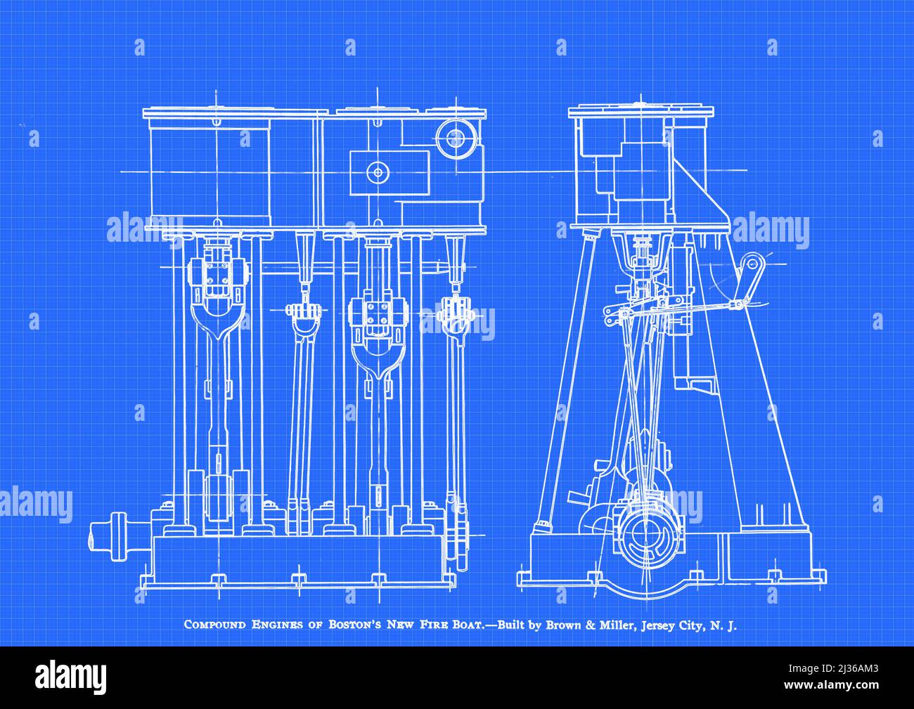 blueprint of the Compound Engines ok Boston's New Fire Boat. Built by Brown & Miller, Jersey Citv, N. J. from the book ' Steam vessels and marine engines ' by G. Foster Howell, Publisher New York : American Shipbuilder 1896 Stock Photo