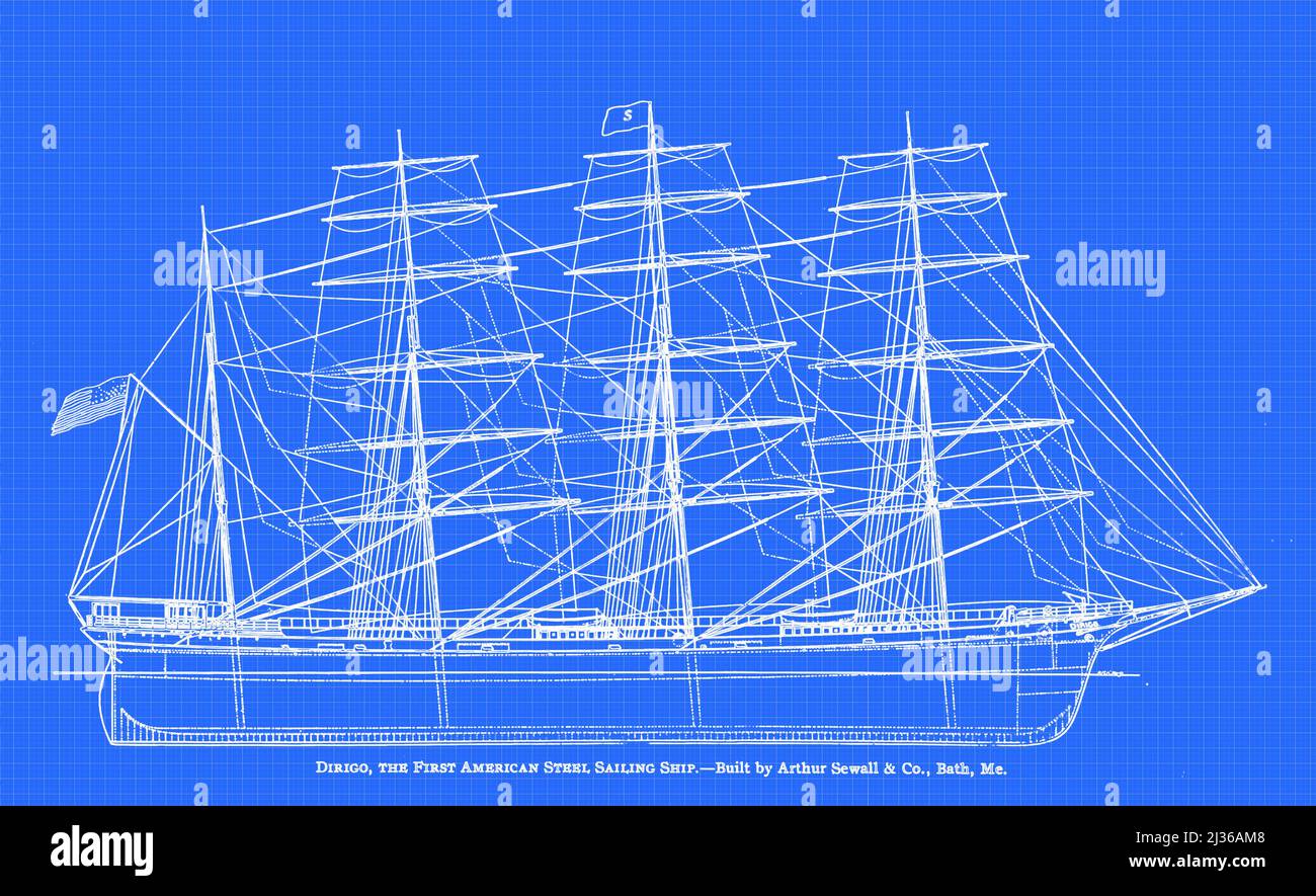 Dirigo, the First American Steel, Sailing Ship. Built by Arthur Sewall & Co., Bath, Me. from the book ' Steam vessels & marine engines ' by G. Foster Howell, Publisher New York : American Shipbuilder 1896 Stock Photo