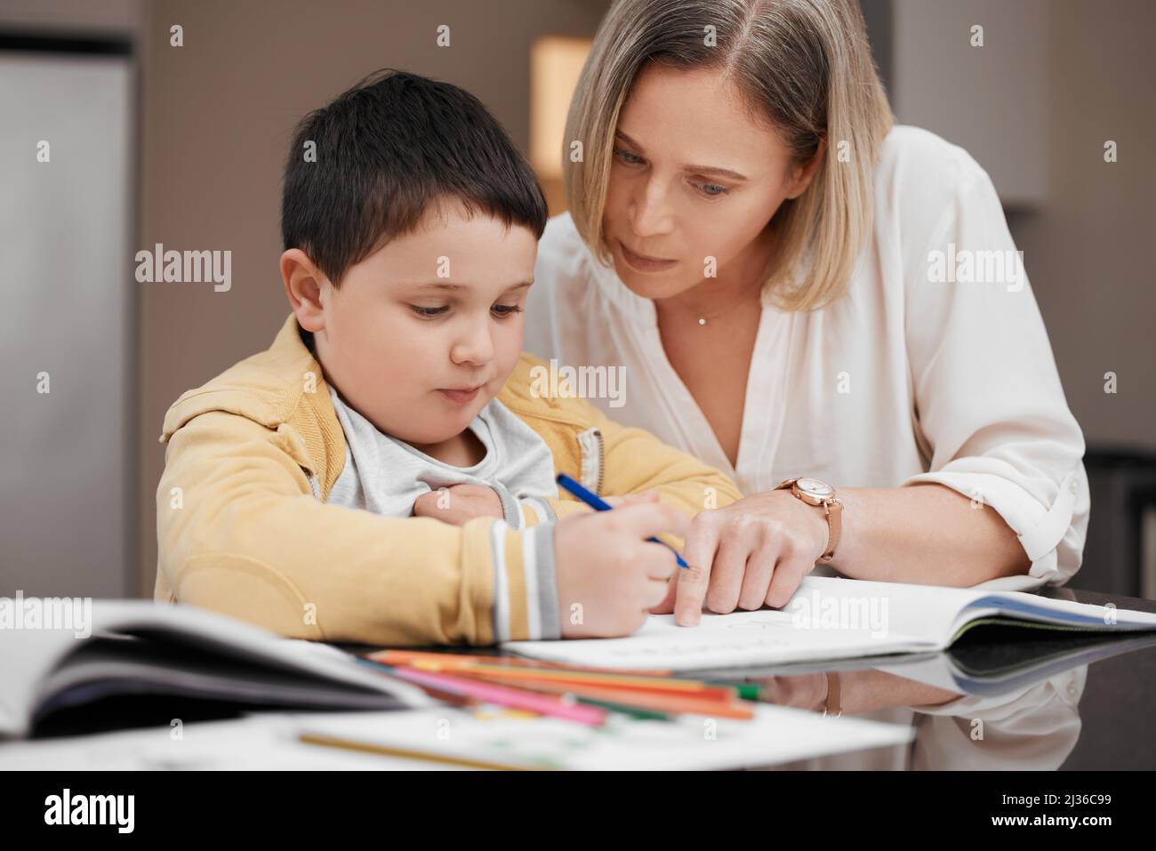 Youre such a smart boy. Shot of a beautiful mother helping her son with his homework. Stock Photo