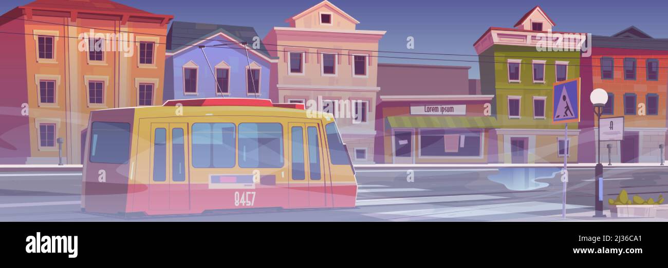 City street with houses, tram and white fog. Gloomy foggy weather in town.  Vector cartoon illustration of town with tramway on empty car road, buildin  Stock Vector Image & Art - Alamy