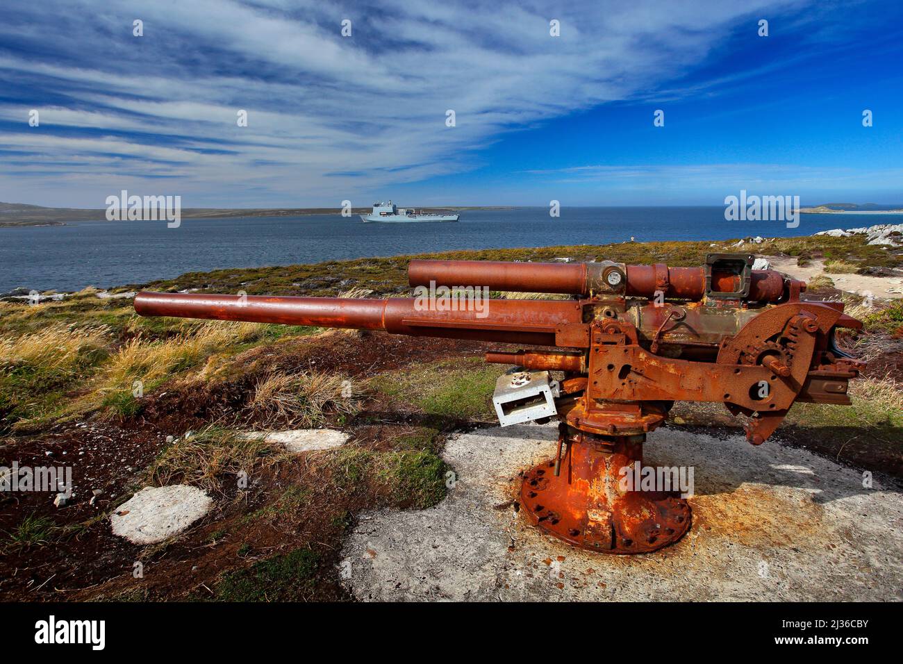 Falklands War, rocky coast with old rusty cannon. Corroded artillery ...