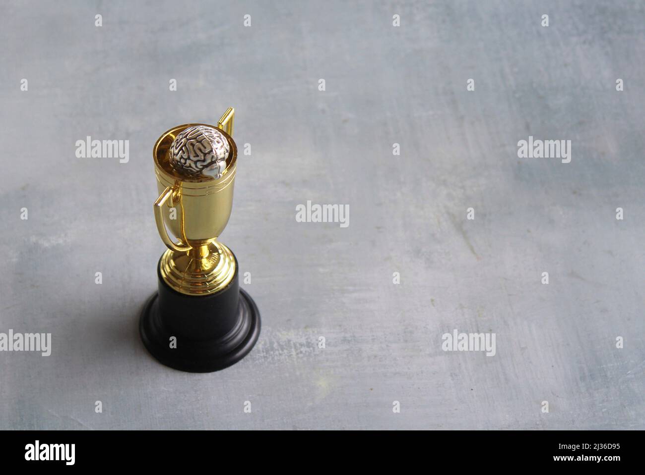 Brain inside gold cup trophy with copy space. Winning mentality and mindset concept. Stock Photo