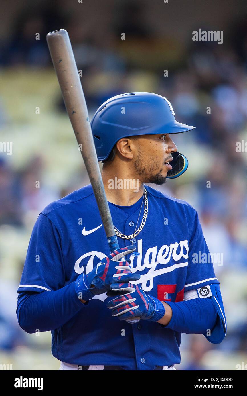 Los Angeles, United States. 05th Apr, 2022. Los Angeles Dodgers outfielder Mookie  Betts (50) gestures to the dugout during a MLB spring training baseball  game against the Los Angeles Angels, Tuesday, Apr.