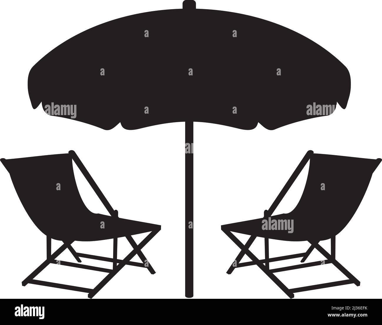 Beach Chairs and Umbrella black and white. Vector illustration. Stock Vector