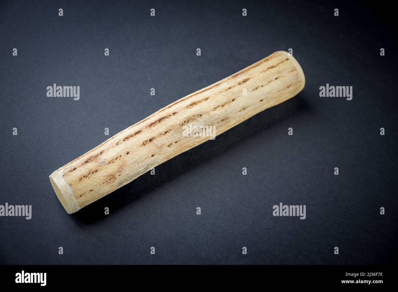 Traditional rain stick made of cactus wood isolated on black background