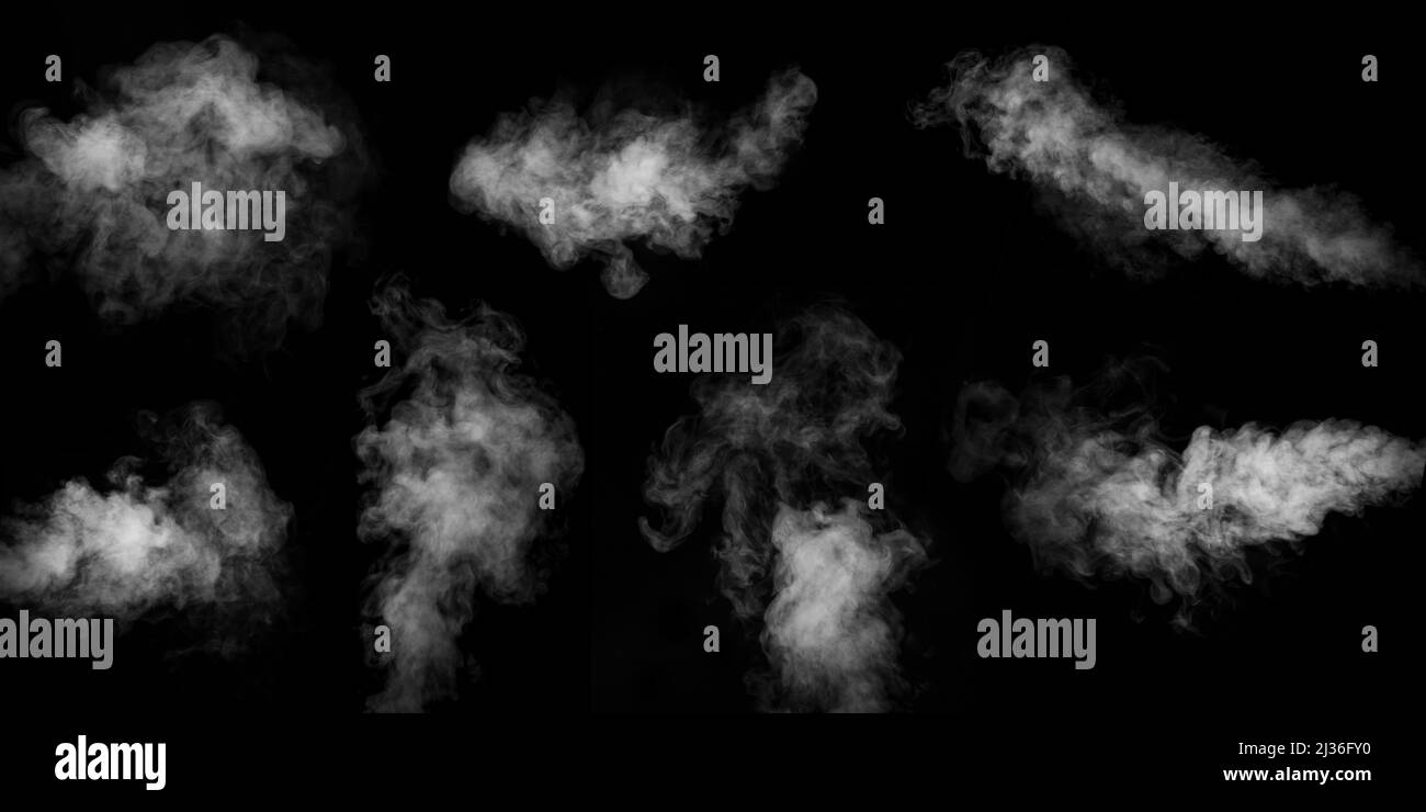 A set of seven different types of swirling, writhing smoke, steam ...