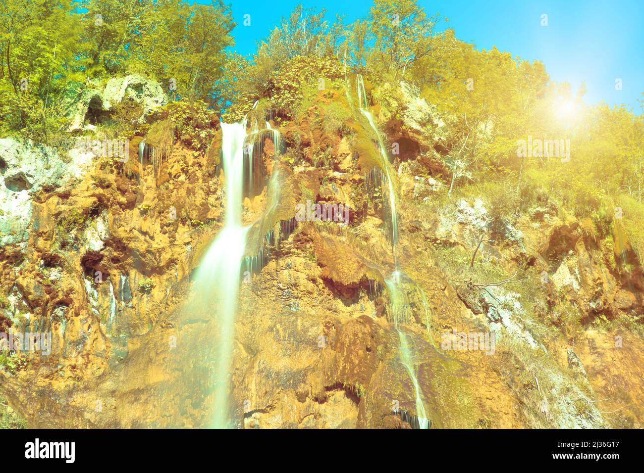 long exposure of the Veliki slap waterfall of Plitvice Lakes National Park in Croatia in the Lika region. UNESCO World Heritage of Croatia named Stock Photo