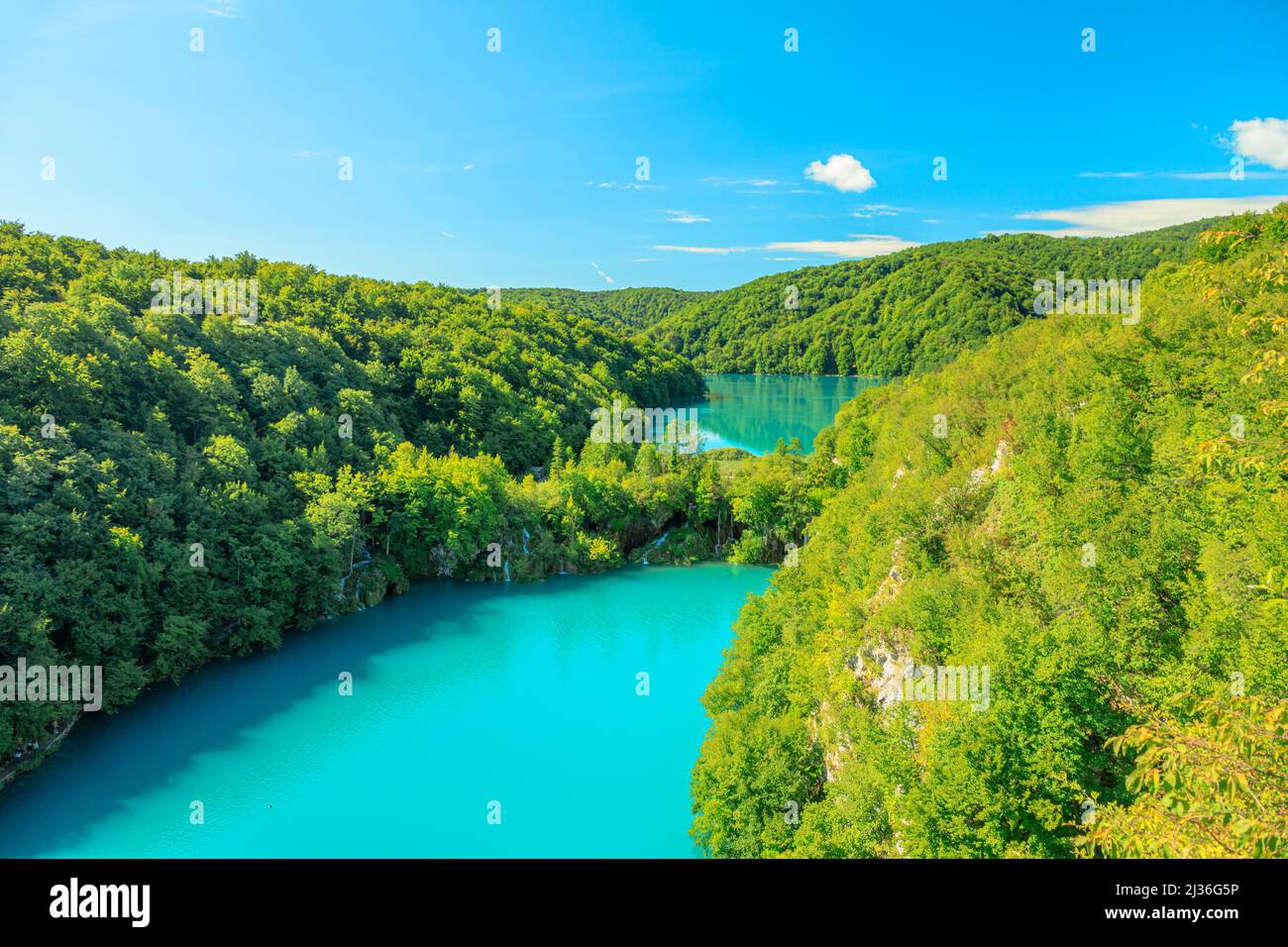Kozjak and Milanovac lakes overlook on Plitvice Lakes National Park of Croatia. Natural forest park with lakes and waterfalls in Lika region. UNESCO Stock Photo