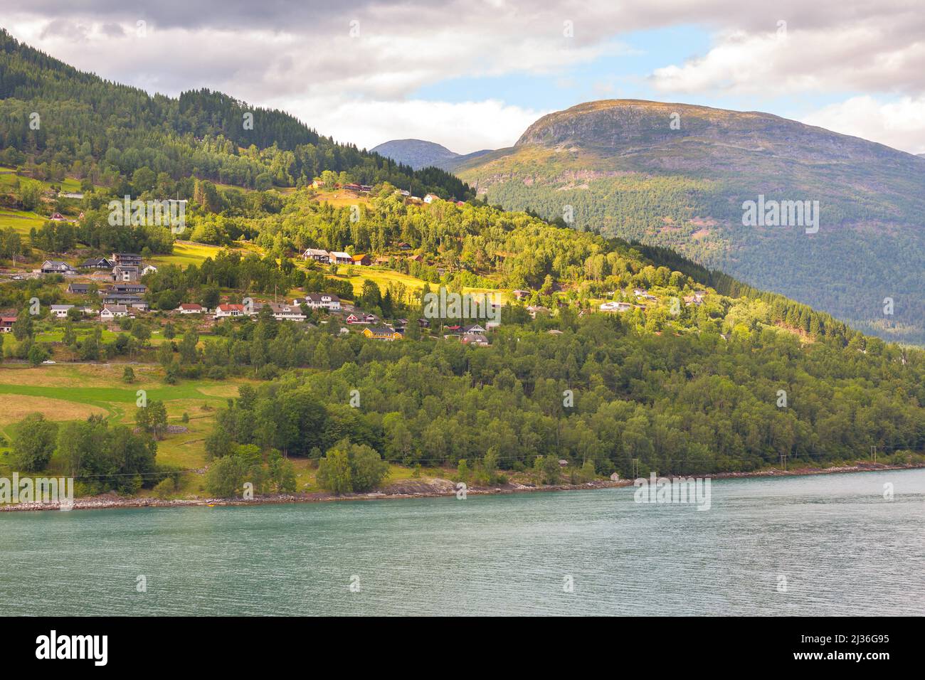 Norwegian village landscape near fjord, mountains and colorful houses